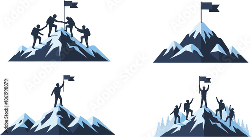 Mountain climbers reaching peaks vector illustration on transparent background silhouette
