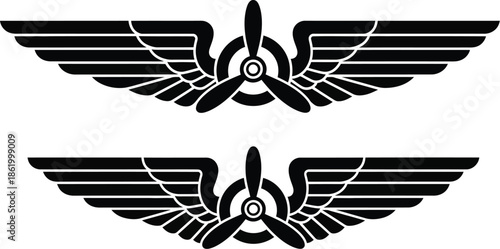 Detailed airplane wing emblem with propeller design on transparent background silhouette