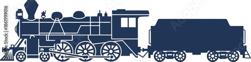 Detailed vintage steam train illustration on transparent background silhouette