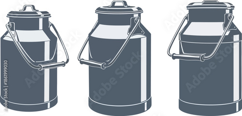Three vintage milk cans in different perspectives on transparent background silhouette