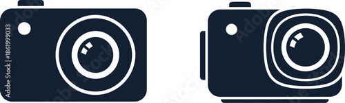 Two vintage camera icons in black ideal for design work on transparent background silhouette