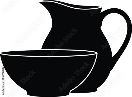 Black pitcher and bowl graphic design element on transparent background silhouette
