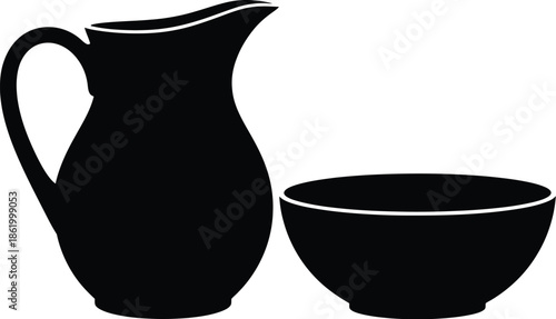 Black pitcher and bowl graphic design element on transparent background silhouette