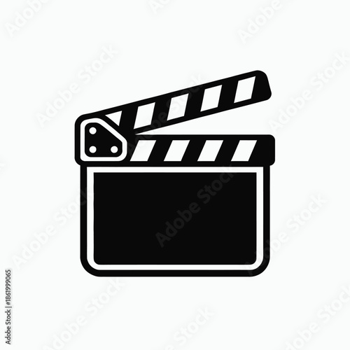 Film Clapperboard Icon in Simple Flat Design with Black and White Color Scheme on Isolated White Background for Film Industry