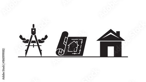 Surveyors Equipment with Blueprint and House in Simple Flat Design for Real Estate Development