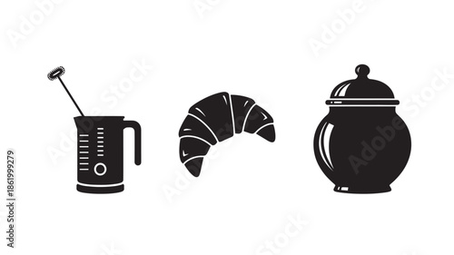 Coffee brewing equipment in minimalist flat design with black silhouettes on white background for culinary illustration
