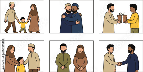 Muslim community family interaction illustration showing kindness respect unity gift exchange greetings faith culture flat vector design modern style