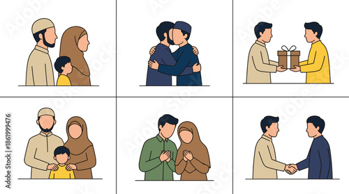 Muslim community interaction illustration showing family bonding kindness respect gift exchange greetings faith culture unity modern flat vector design