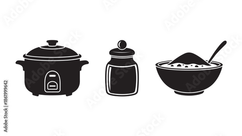 Kitchen Utensils Silhouette in Simple Monochrome Design with White Outline on Black Background for Cooking Illustration