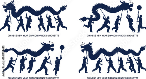  set of dark blue chinese new year dargon dance silloutte vactor illustration of traditional performance team on white