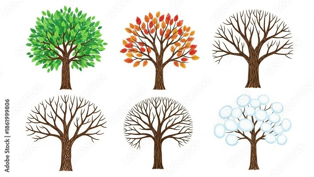 Obraz premium A set of four seasons trees featuring a vector illustration of an oak with autumn leaves, winter snow on bare branches, and spring flowers in a black silhouette nature landscape design