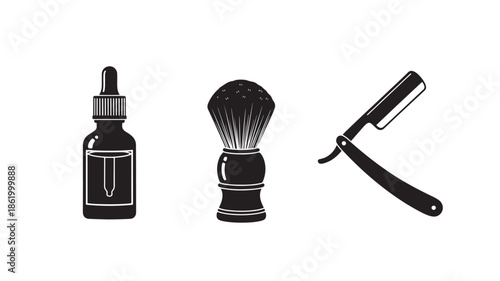 Shaving Kit with Oil, Brush, and Razor in Monochromatic Illustration Style with Simple Lighting on White Background for Mens Grooming