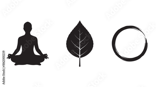 Yoga Silhouette with Leaf and Ring in Minimalist Style, Soft Black and White, Vector Illustration for Wellness