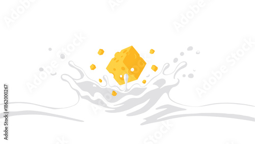 Delicious yellow cheese cube dynamically splashing into a pool of creamy white milk, creating an engaging and appetizing visual for dairy products.