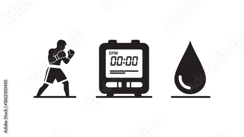 Boxer Silhouette with Stopwatch and Water Drop in Minimalist Black Design on White Background for Fitness Branding