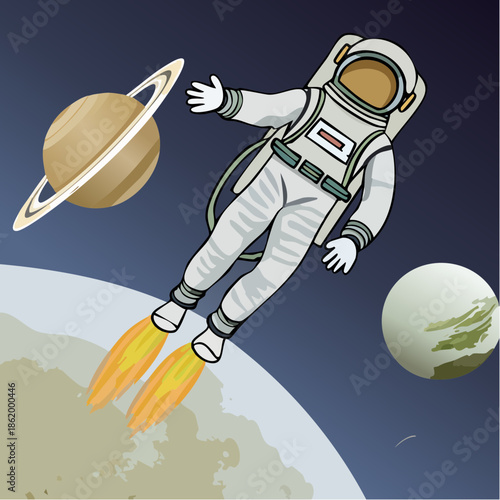 Astronaut in space with planets, stars and rocket propulsion
