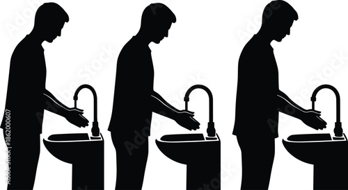 Handwashing, hygiene, silhouette, cleanliness, faucet, sink, water, rub, hands, health, prevention, safety, sanitary, infection, control, wash, personal, care, black, vector