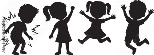 Happy children jumping silhouette set, playful kids expressing joy energy movement, childhood fun illustration isolated white background vector design