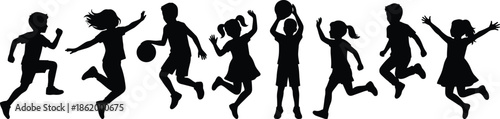 Happy children playing silhouette collection showing jumping kids football fun active childhood isolated black vector illustration for education design