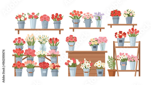 Inviting flower shop interior with an extensive array of fresh, colorful flowers in buckets and vases, beautifully arranged on shelves and a counter, creating a charming scene.