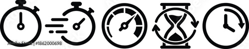 Time and speed icons including stopwatch, speedometer, hourglass, and clock for productivity, performance, and efficiency visuals.