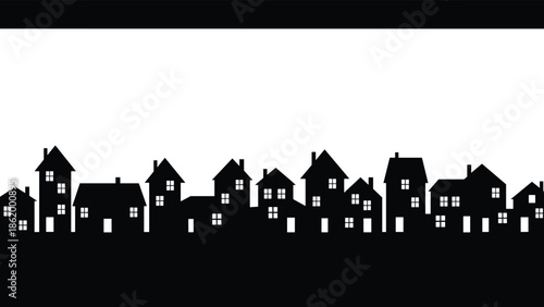 House silhouette, night scene, residential buildings, urban skyline, illuminated windows, vector illustration, black and white, neighborhood row, architecture design, cityscape art