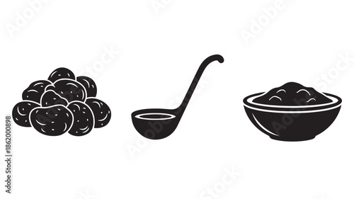 Black Olives and Ladle in Simple Monochrome Illustration for Culinary Use