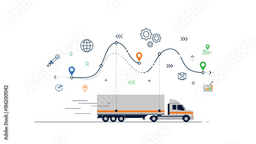 Modern semi-truck on a road with an intricate line graph and various icons above, visualizing advanced logistics, route planning, and real-time tracking.