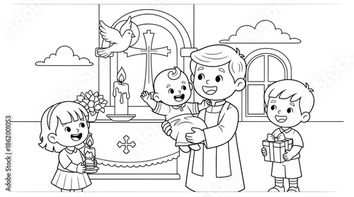 Children gathered around a smiling priest holding a baby, with candles, flowers, and a dove in a church setting, celebrating a joyful religious occasion with warmth and community spirit