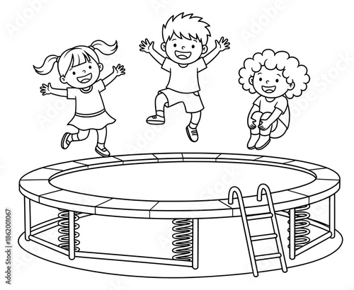 Three children, an Asian girl, a Caucasian boy, and a Black girl, joyfully jumping on a trampoline, showcasing fun and excitement in a playful outdoor setting