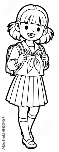 Cheerful young girl with pigtails wearing a school uniform and carrying a backpack, smiling brightly while standing in a playful pose, showcasing youthful energy and enthusiasm
