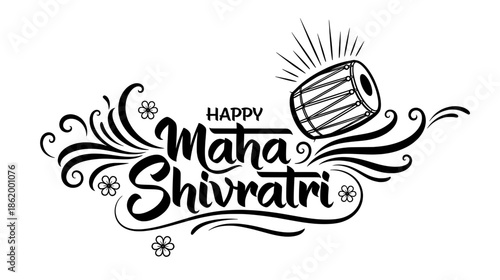Happy Maha Shivratri celebration design featuring decorative elements, traditional drum, and floral motifs, symbolizing cultural significance and festive spirit