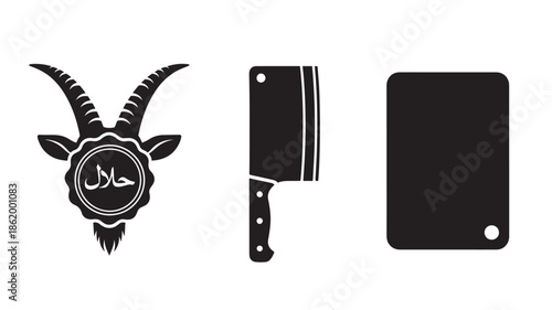 Halal goat head with cleaver and cutting board in minimalist black silhouette for culinary design