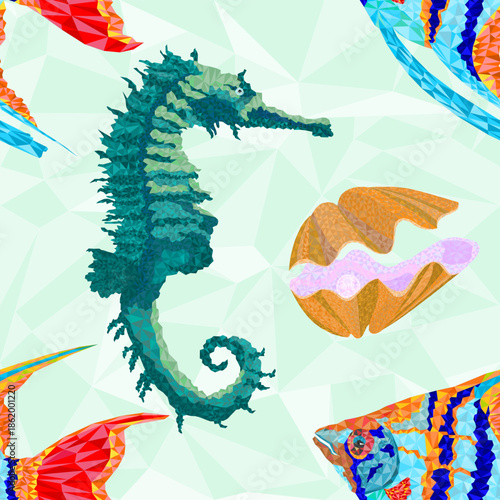 Seamless texture  low-polygonal marine life  Seahorse Freshwater Pterophyllum Scalare Shell Tridacna gigans and pearls abstract background vector illustration