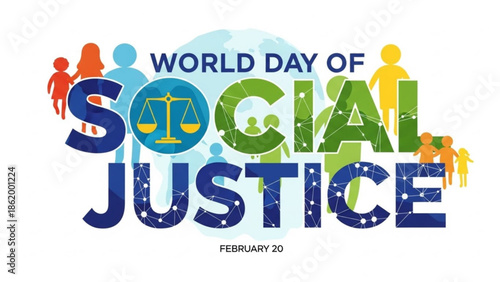 World Day of Social Justice Poster with Scales of Justice and Diverse People