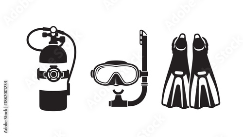 Scuba diving equipment in minimalist illustration style with monochrome color scheme on white background for adventure travel