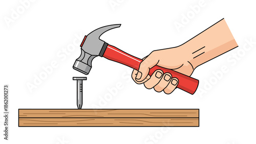 Human hand firmly gripping a red-handled hammer, precisely driving a nail into a sturdy wooden board, illustrating construction work and craftsmanship.