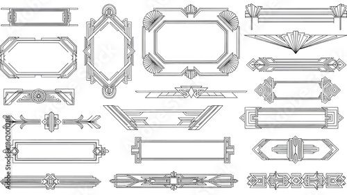 Assorted symmetrical Art Deco frames and ornamental borders in precise black linework, varied styles
