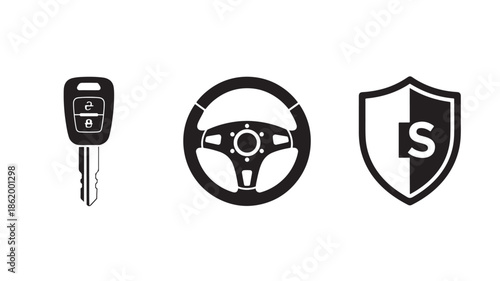 Car Key and Steering Wheel with Security Shield in Simple Monochrome Design on White Background for Automotive Industry