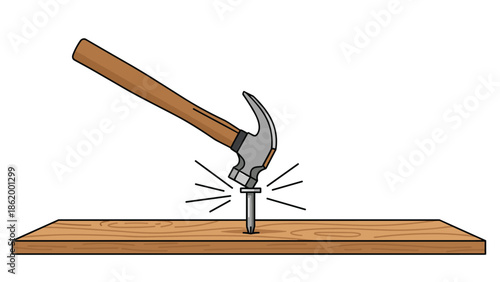 Dynamic illustration of a hammer striking a nail into a wooden board with impact lines, capturing the force and action of construction or carpentry work.
