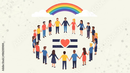 Diverse People Holding Hands in Circle with Rainbow and LGBTQ Flag Symbolizing Unity and Love
