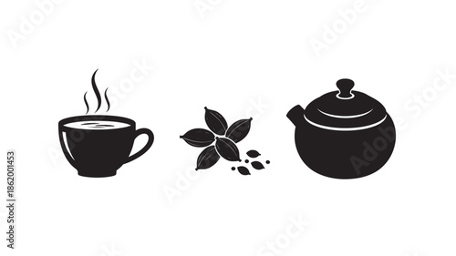 Tea Time Silhouettes in Minimalist Style with Black Color on White Background for Beverage Advertising