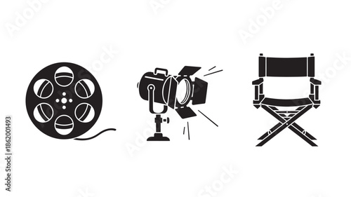 Film reel, studio lighting, and directors chair in minimalist black and white illustration for film production