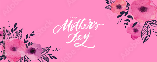 Horizontal “Happy Mother’s Day” background in pink with artistic hand-drawn watercolor flowers. Soft, expressive floral design perfect for greeting cards, banners and holiday projects.