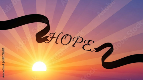 Hopeful Sunrise with Ribbon Banner Symbolizing New Beginnings