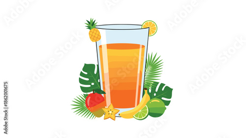 Refreshing tall glass of vibrant orange juice surrounded by an assortment of tropical fruits including pineapple, banana, lime, mango, and palm leaves.
