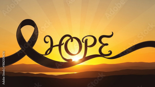 Hope Ribbon Silhouette at Sunset Symbolizing Optimism