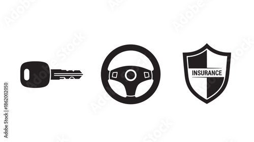 Car Insurance Icons in Minimalist Style with Black Color on White Background for Automotive Industry