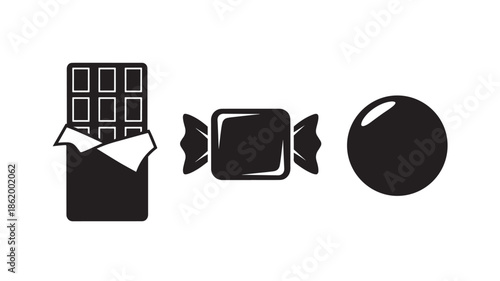 Chocolate Icons in Simple Flat Design with Black Color on White Background for Web Graphics