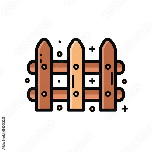 Cartoon wooden picket fence with three slats, two horizontal rails, bolts and decorative dots. tiny!